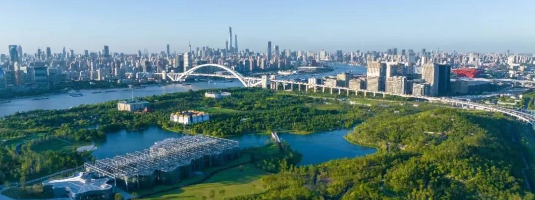 Photo of the Twin Hills above the Expo Culture Park lake, with the Lujiazui skyline beyond